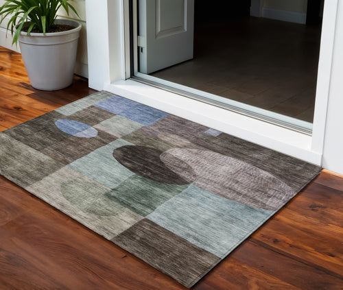 3 X 5 Brown Blue And Green Geometric Washable Indoor Outdoor Area Rug