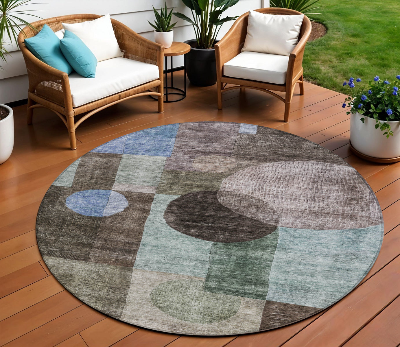 8 Brown Blue And Green Round Geometric Washable Indoor Outdoor Area Rug