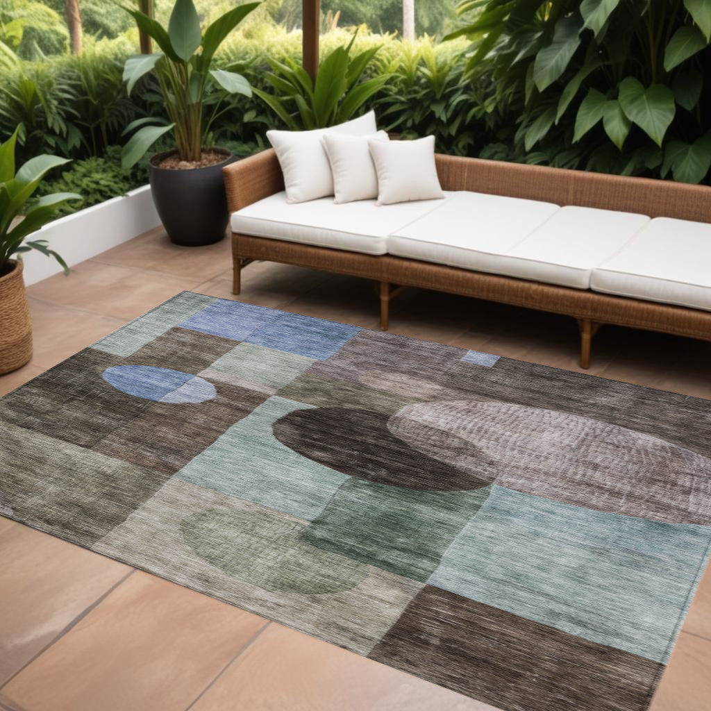 9 X 12 Brown Blue And Green Geometric Washable Indoor Outdoor Area Rug