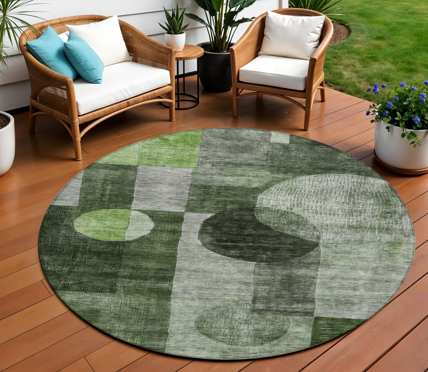 8 Fern Green And Gray Round Geometric Washable Indoor Outdoor Area Rug