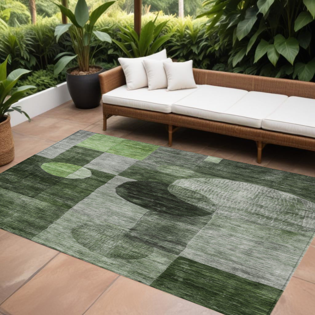 9 X 12 Fern Green And Gray Geometric Washable Indoor Outdoor Area Rug