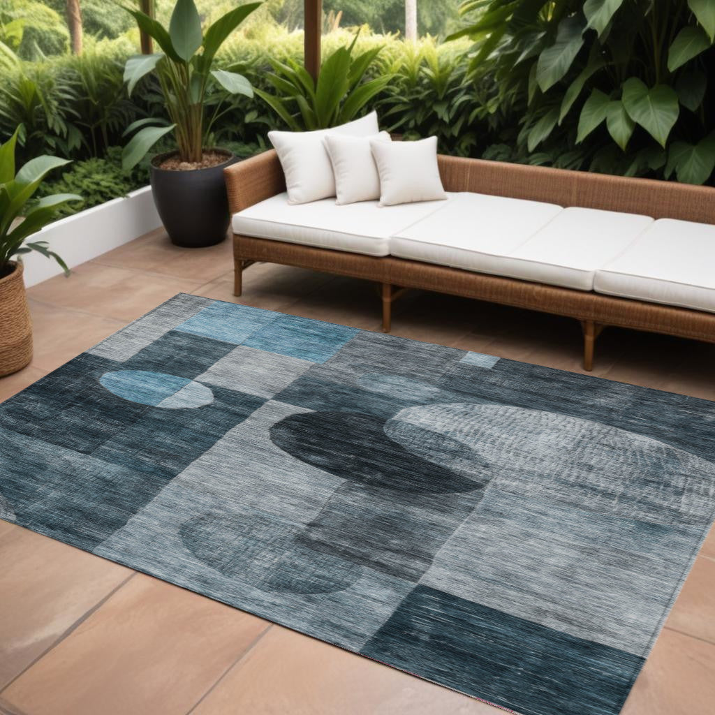 9 X 12 Teal Blue Gray And Charcoal Geometric Washable Indoor Outdoor Area Rug