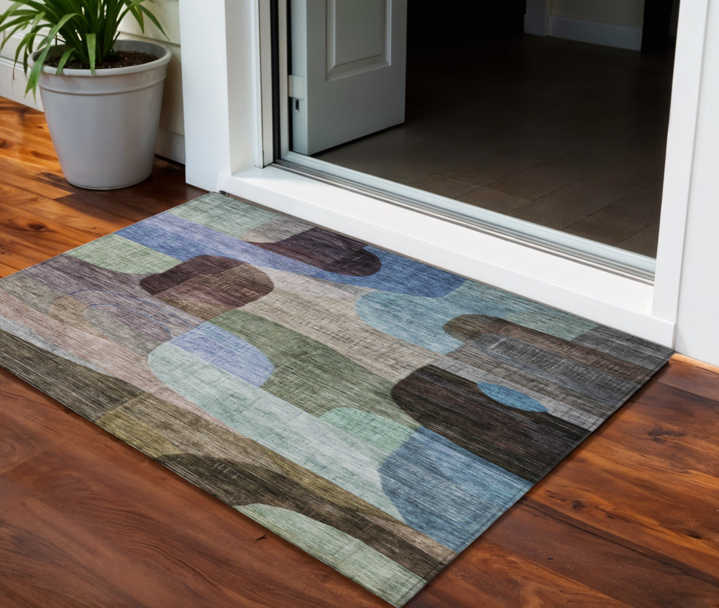 3 X 5 Brown Blue And Green Abstract Washable Indoor Outdoor Area Rug