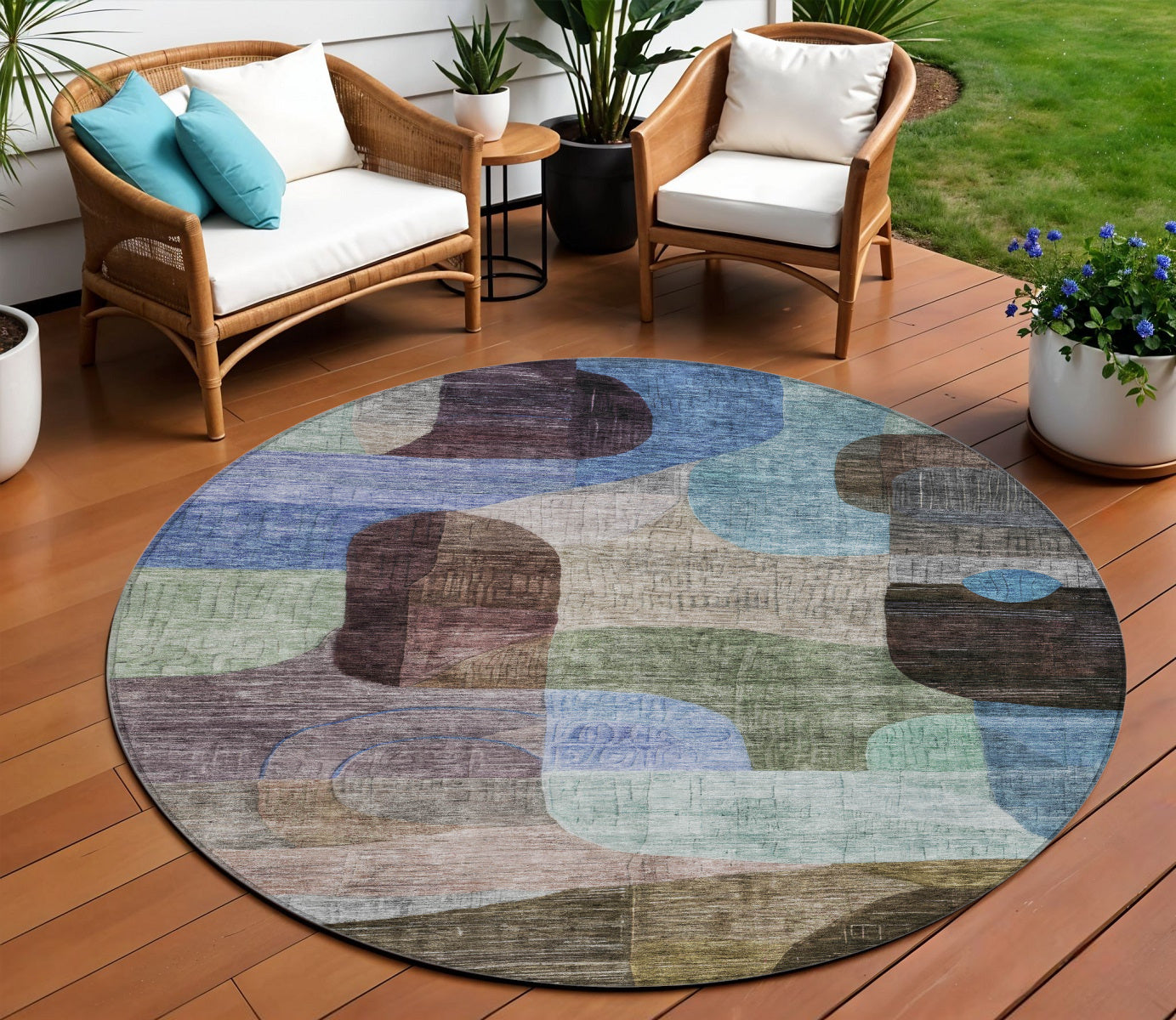 8 Brown Blue And Green Round Abstract Washable Indoor Outdoor Area Rug