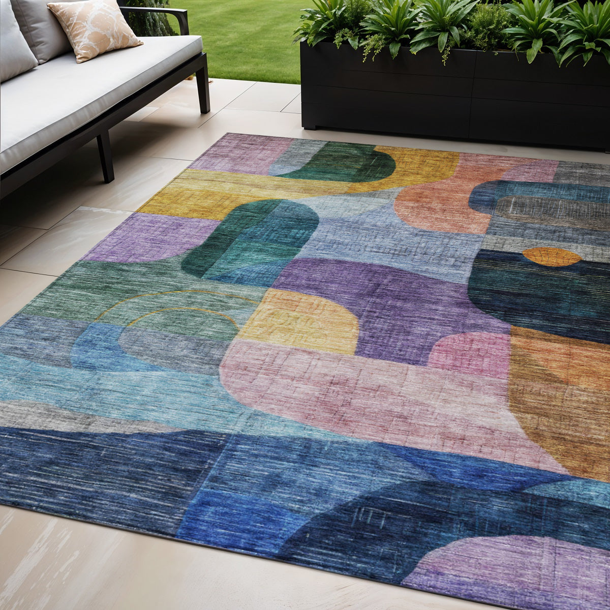 5 X 8 Blue Purple And Green Abstract Washable Indoor Outdoor Area Rug