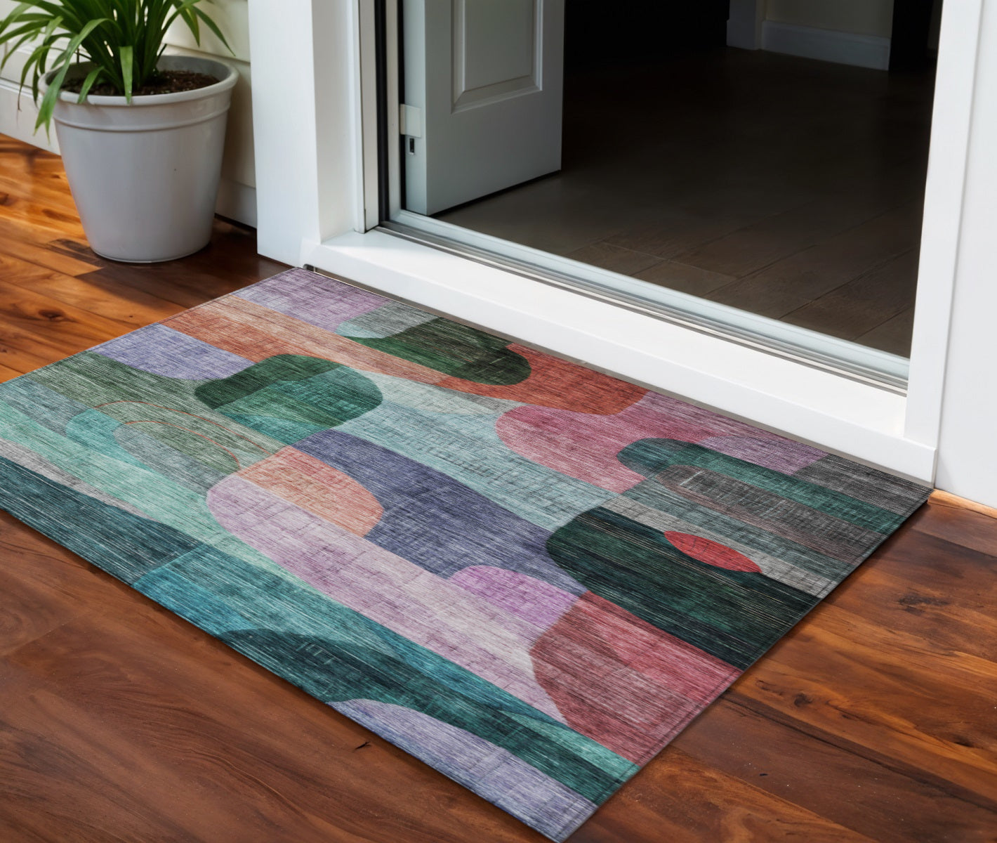 3 X 5 Green Purple And Blue Abstract Washable Indoor Outdoor Area Rug