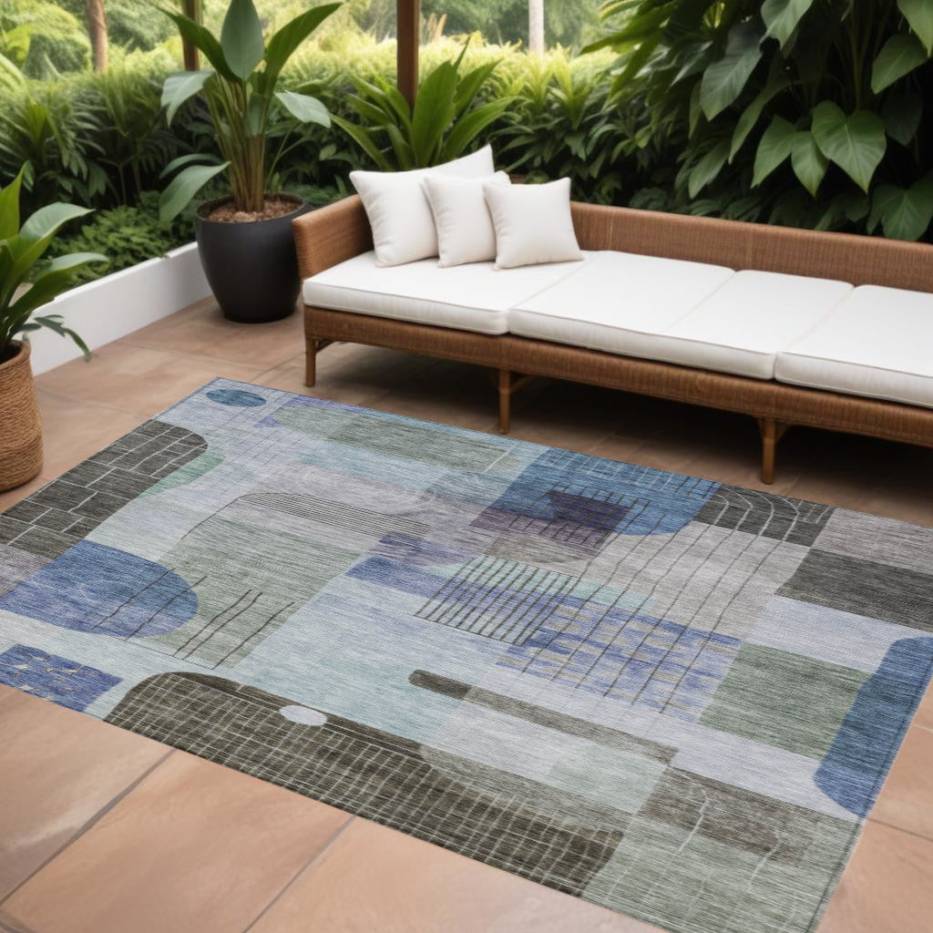 9 X 12 Blue Gray And Charcoal Abstract Washable Indoor Outdoor Area Rug