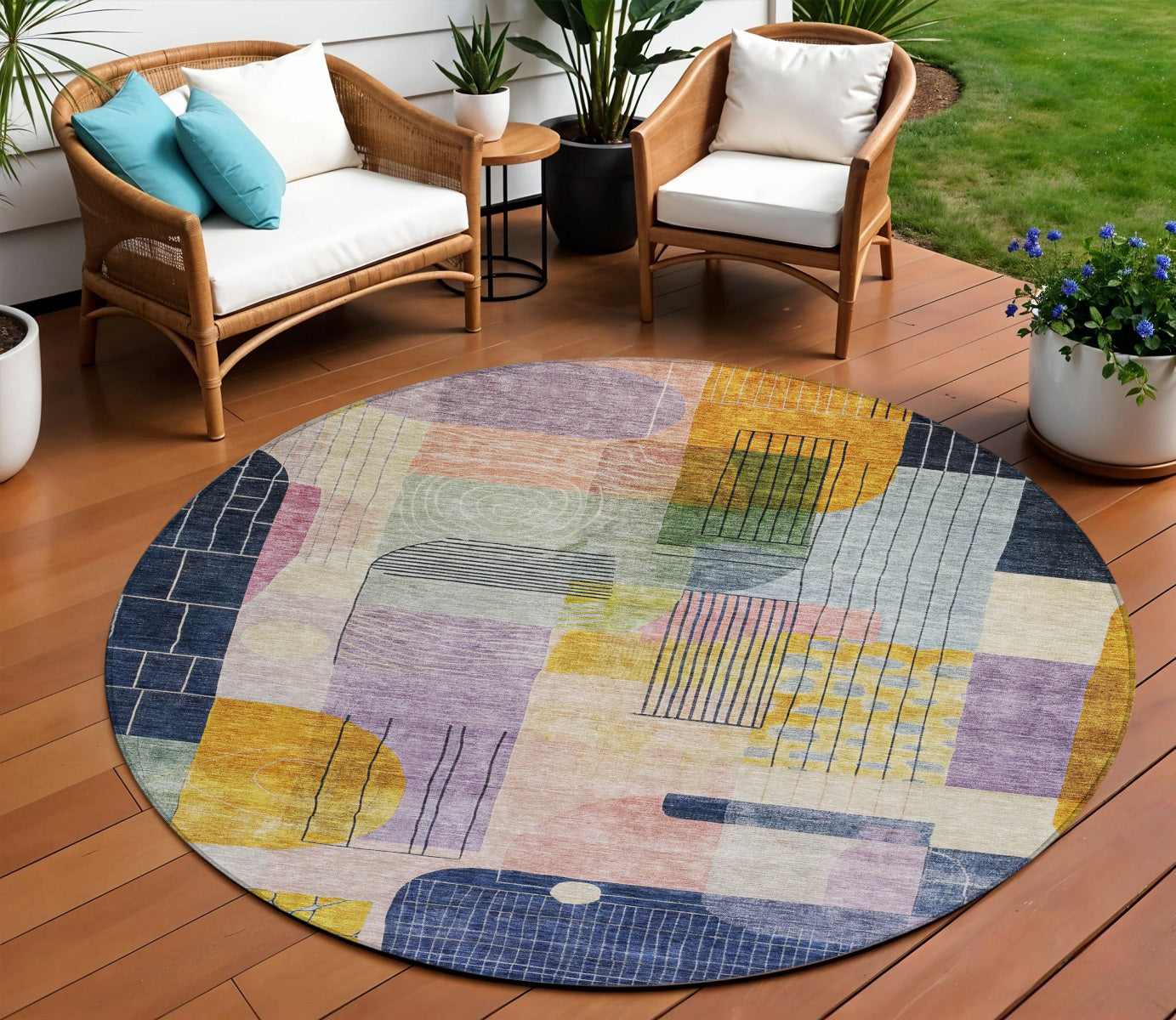8 Plum Purple And Copper Round Abstract Washable Indoor Outdoor Area Rug