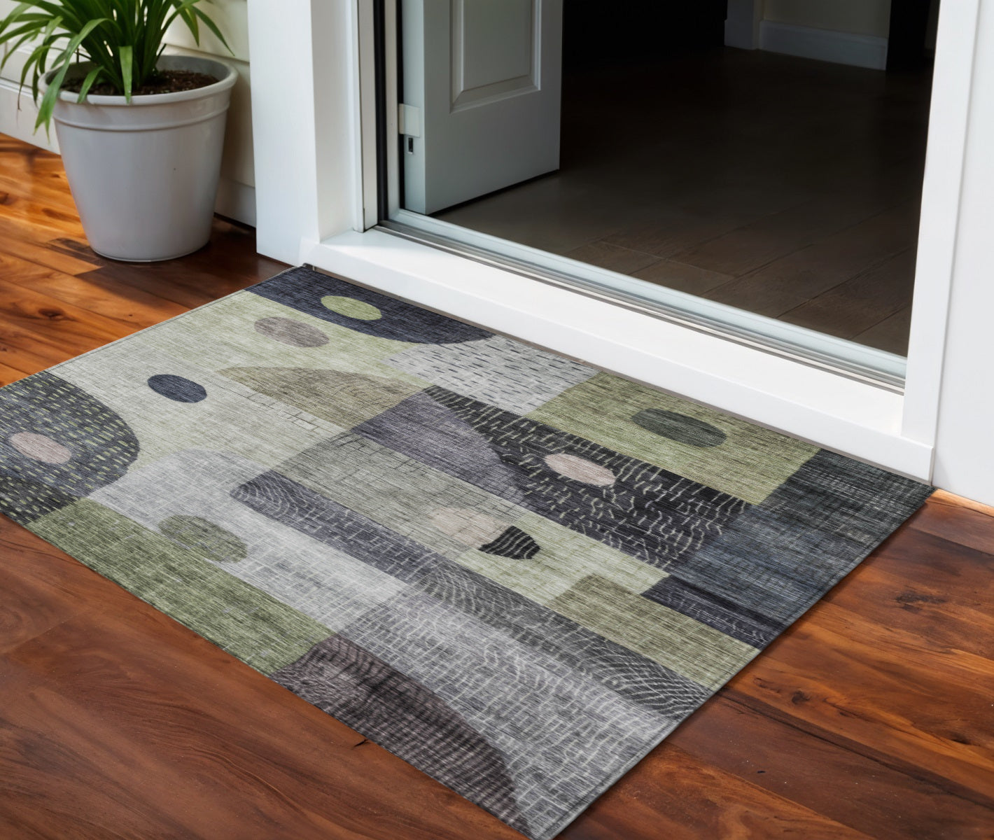 3 X 5 Artichoke Green Gray And Charcoal Geometric Washable Indoor Outdoor Area Rug