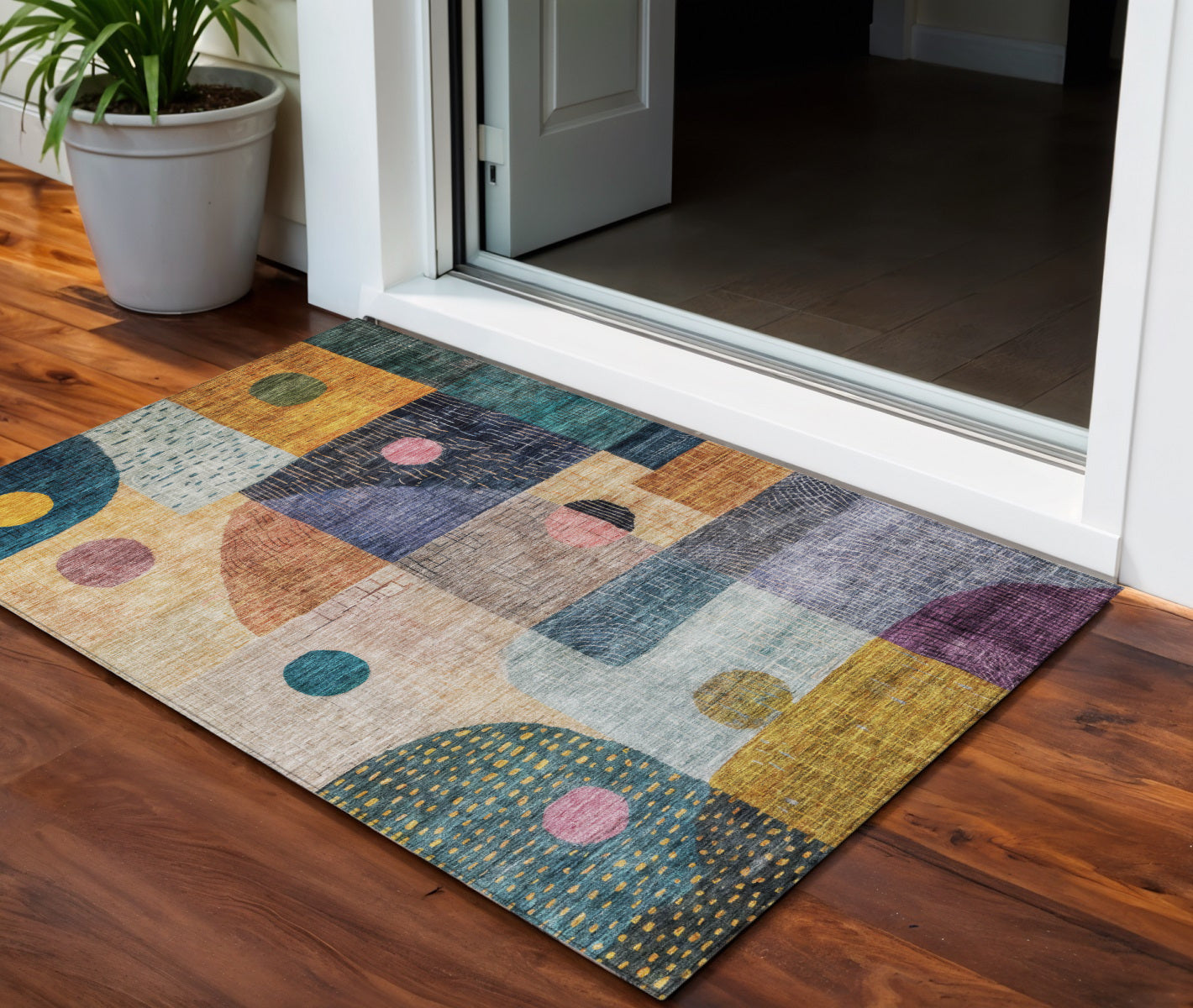 3 X 5 Green Purple And Blue Geometric Washable Indoor Outdoor Area Rug