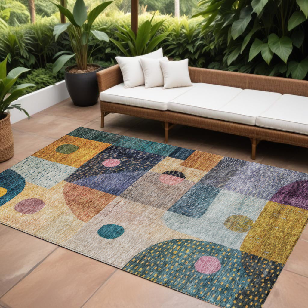 9 X 12 Green Purple And Blue Geometric Washable Indoor Outdoor Area Rug