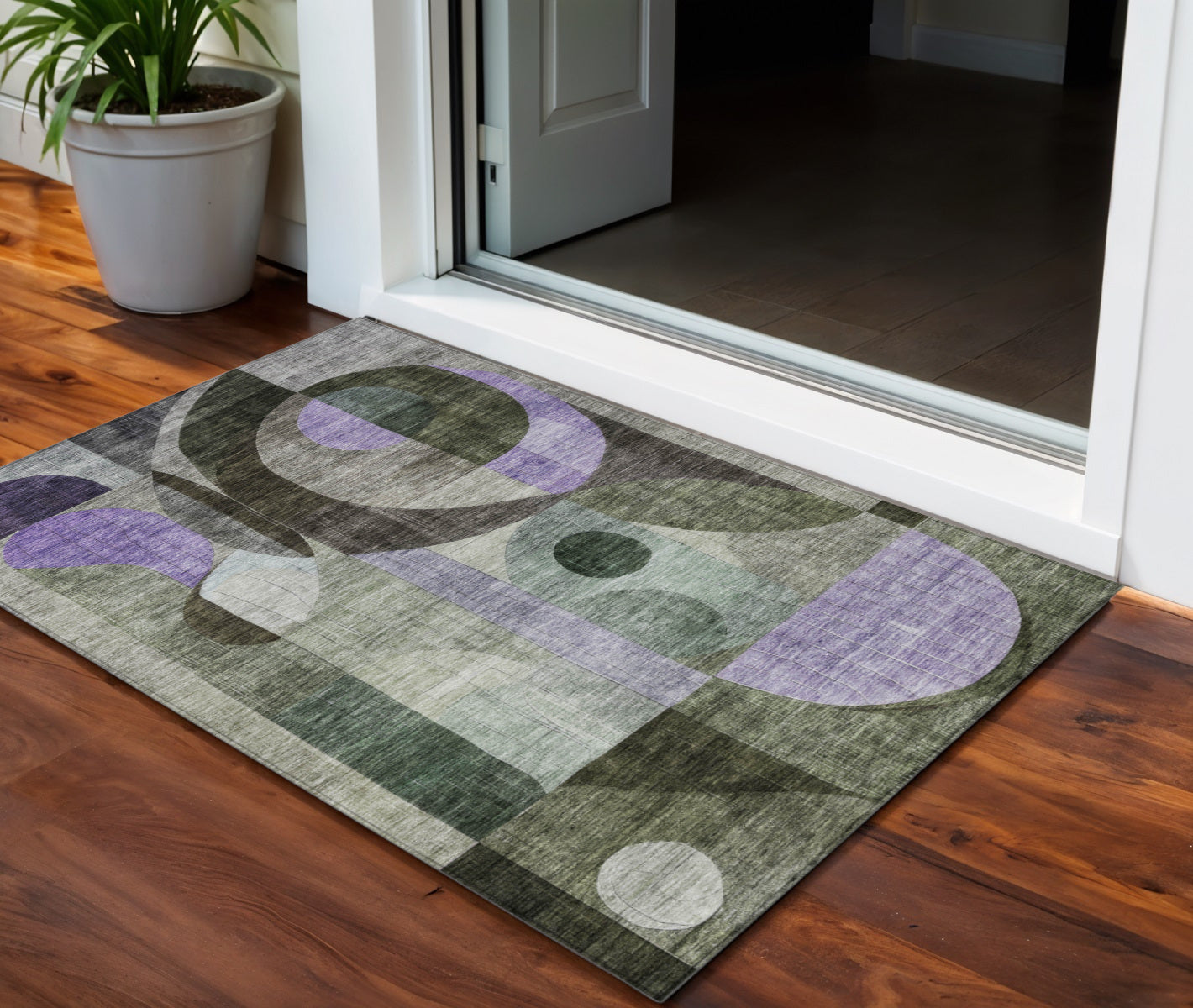 3 X 5 Olive Green Purple And Gray Geometric Washable Indoor Outdoor Area Rug