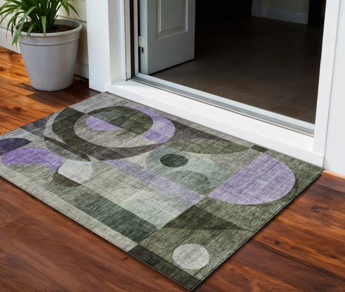 3 X 5 Olive Green Purple And Gray Geometric Washable Indoor Outdoor Area Rug
