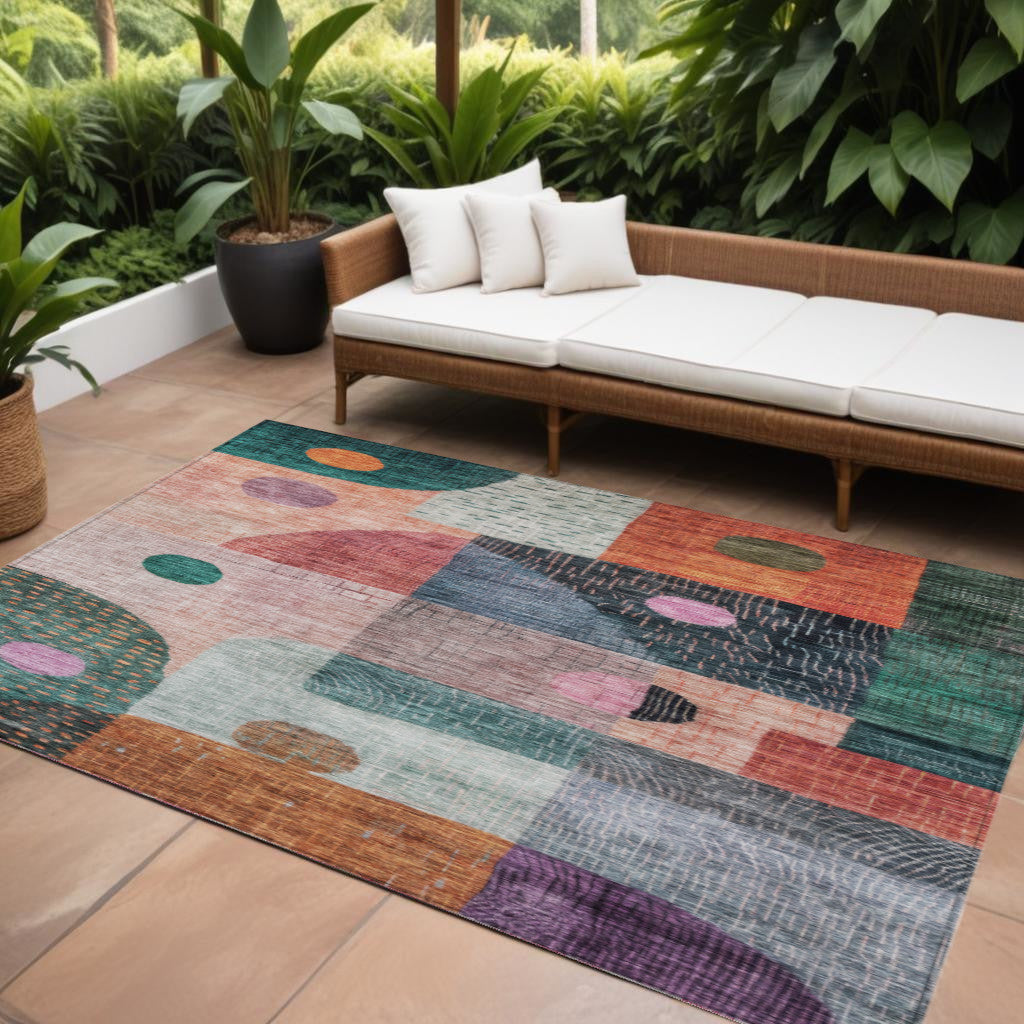 9 X 12 Orange Purple And Green Geometric Washable Indoor Outdoor Area Rug