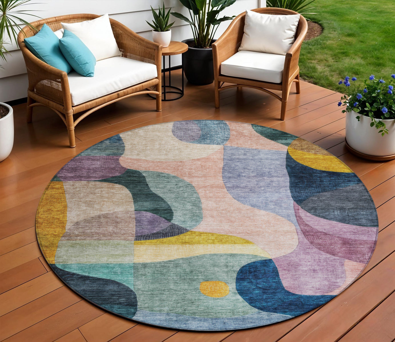 8 Green Purple And Pink Round Abstract Washable Indoor Outdoor Area Rug