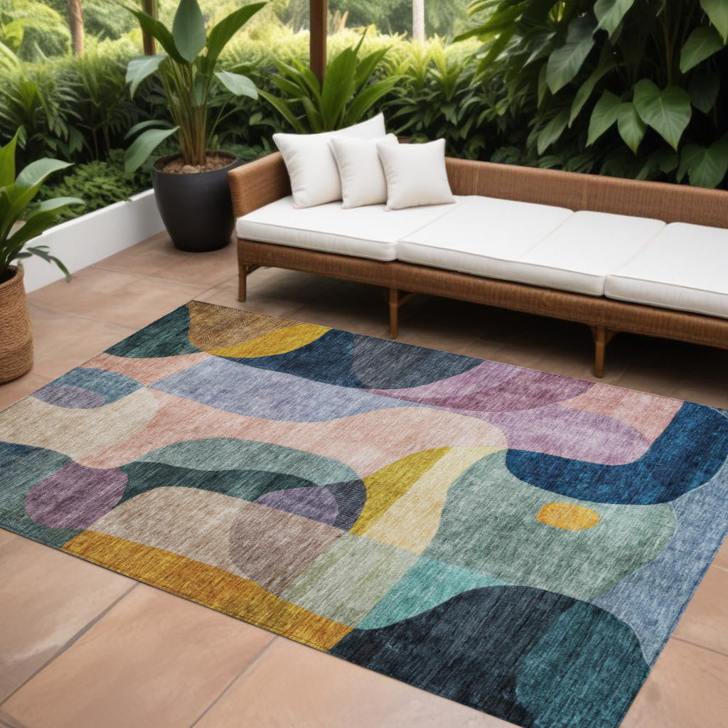 9 X 12 Green Purple And Pink Abstract Washable Indoor Outdoor Area Rug