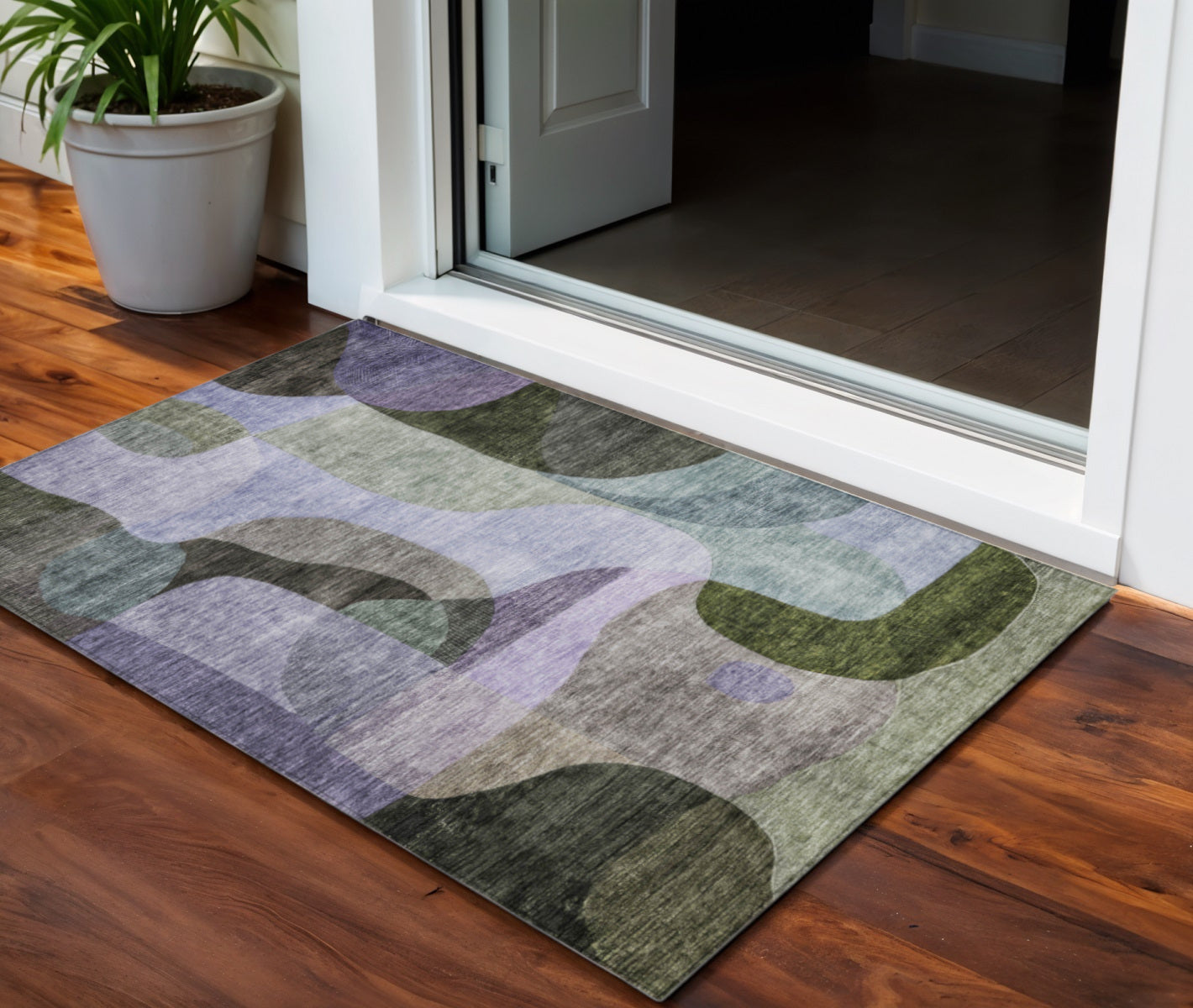 3 X 5 Olive Green Purple And Charcoal Abstract Washable Indoor Outdoor Area Rug