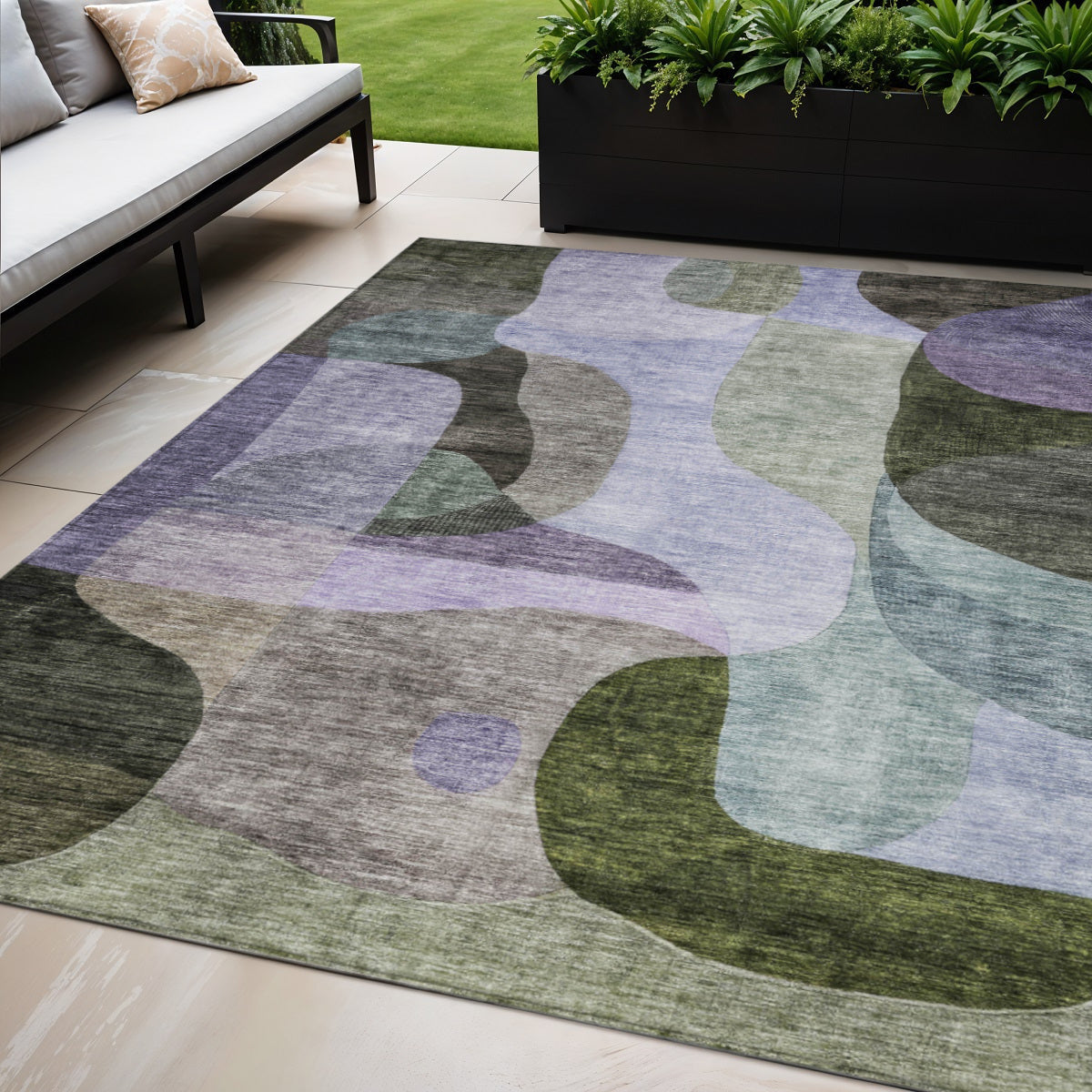 5 X 8 Olive Green Purple And Charcoal Abstract Washable Indoor Outdoor Area Rug