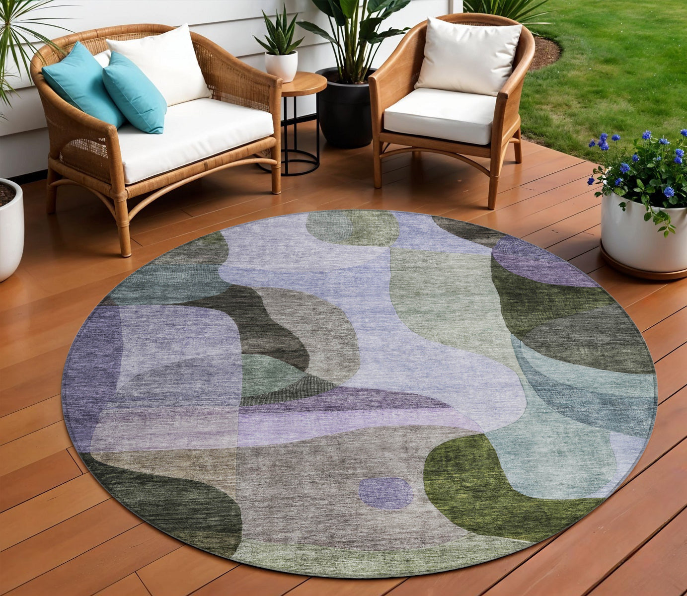 8 Olive Green Purple And Charcoal Round Abstract Washable Indoor Outdoor Area Rug