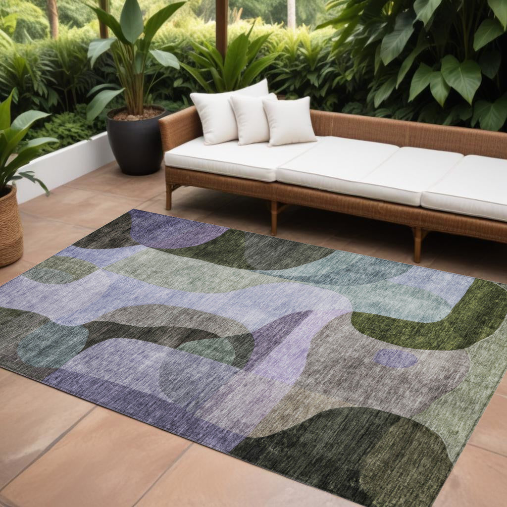 10 X 14 Olive Green Purple And Charcoal Abstract Washable Indoor Outdoor Area Rug