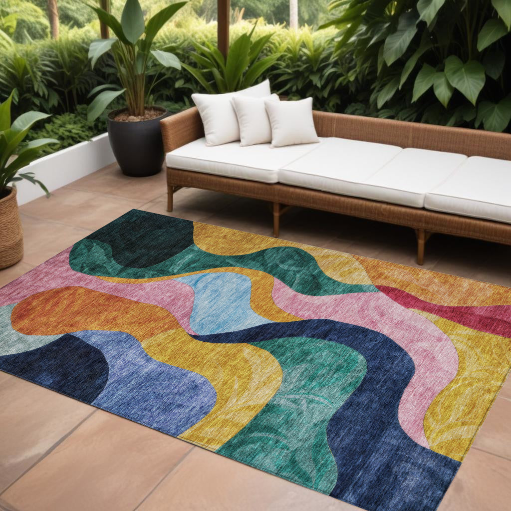 10 X 14 Green Orange And Pink Abstract Washable Indoor Outdoor Area Rug