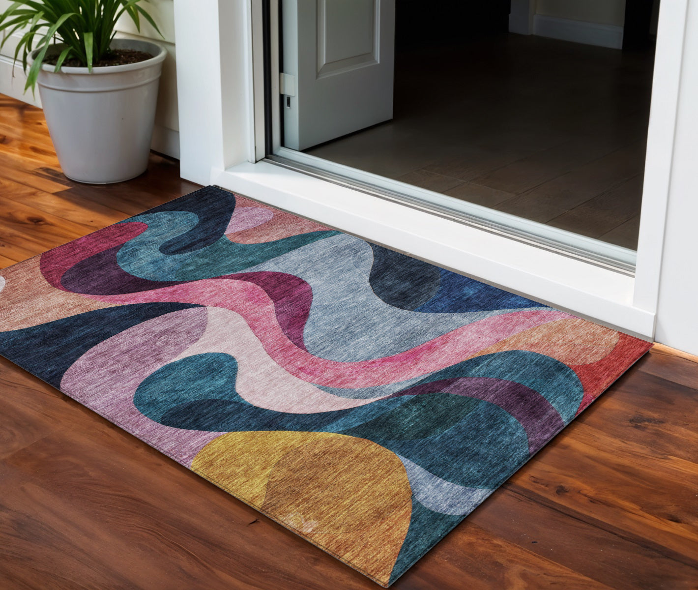 3 X 5 Green Pink And Gray Abstract Washable Indoor Outdoor Area Rug