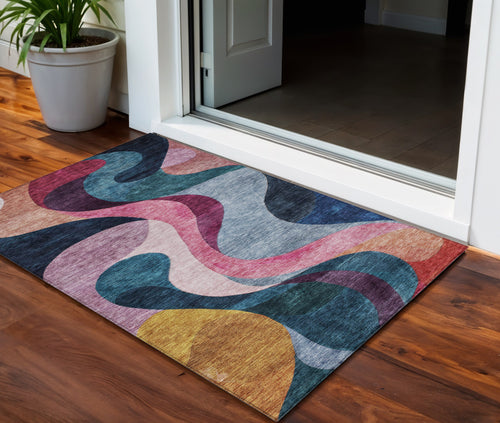 3 X 5 Green Pink And Gray Abstract Washable Indoor Outdoor Area Rug
