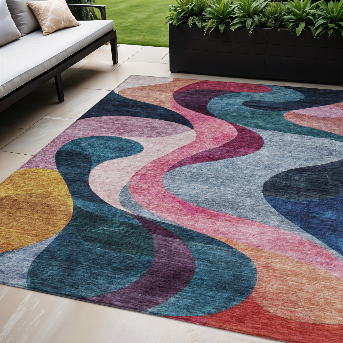 5 X 8 Green Pink And Teal Blue Abstract Washable Indoor Outdoor Area Rug