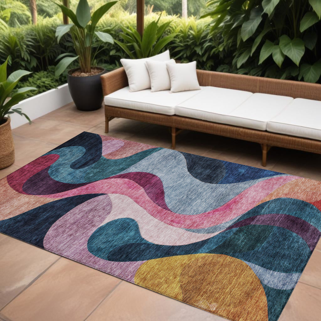 9 X 12 Green Pink And Teal Blue Abstract Washable Indoor Outdoor Area Rug