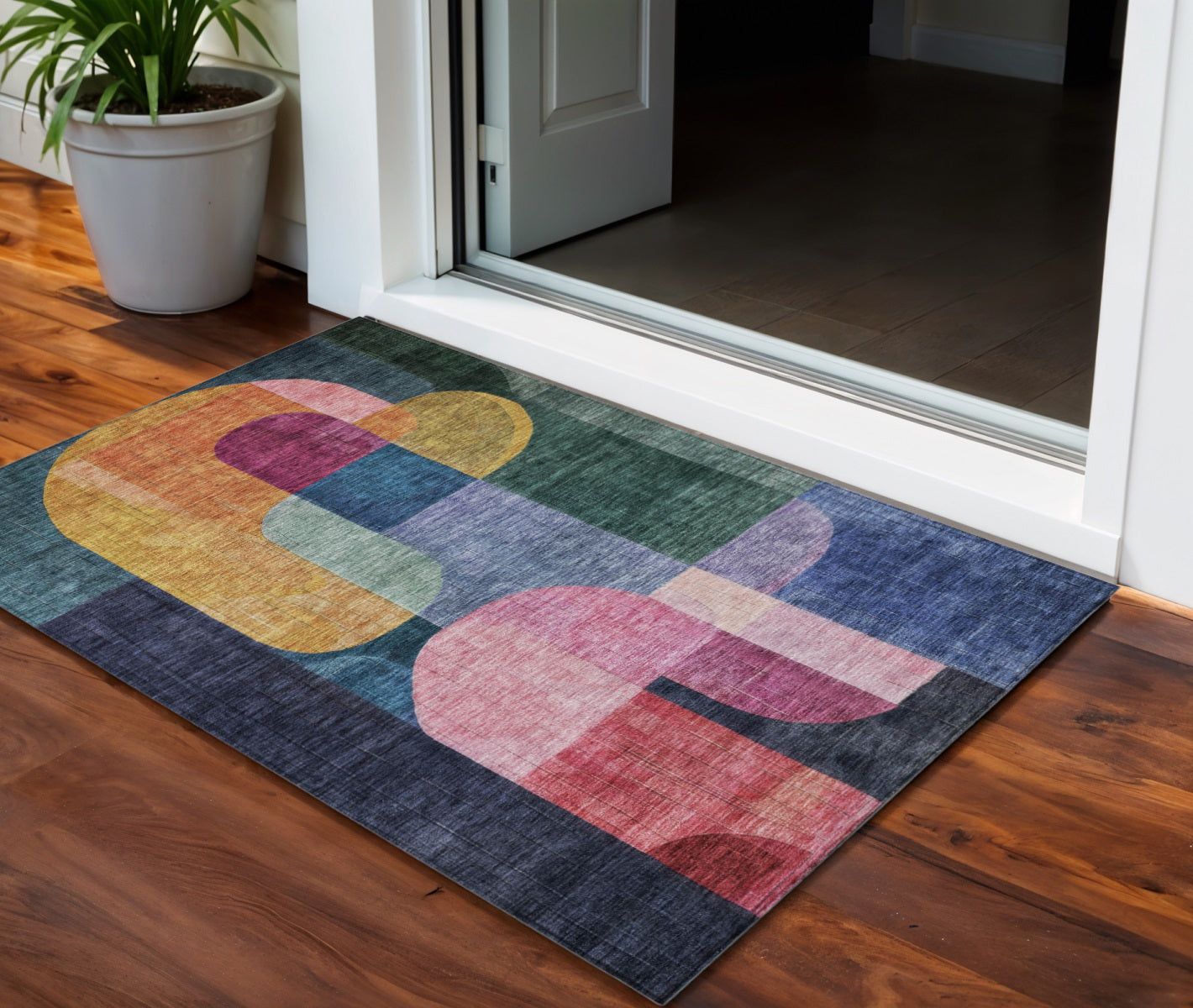 3 X 5 Green Copper And Pink Abstract Washable Indoor Outdoor Area Rug