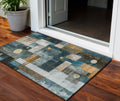 3 X 5 Teal Blue Gray And Gold Geometric Washable Indoor Outdoor Area Rug