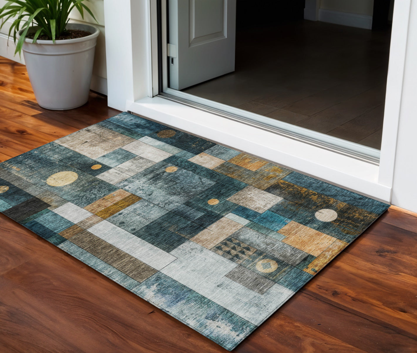 3 X 5 Teal Blue Gray And Gold Geometric Washable Indoor Outdoor Area Rug