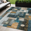 5 X 8 Teal Blue Gray And Gold Geometric Washable Indoor Outdoor Area Rug