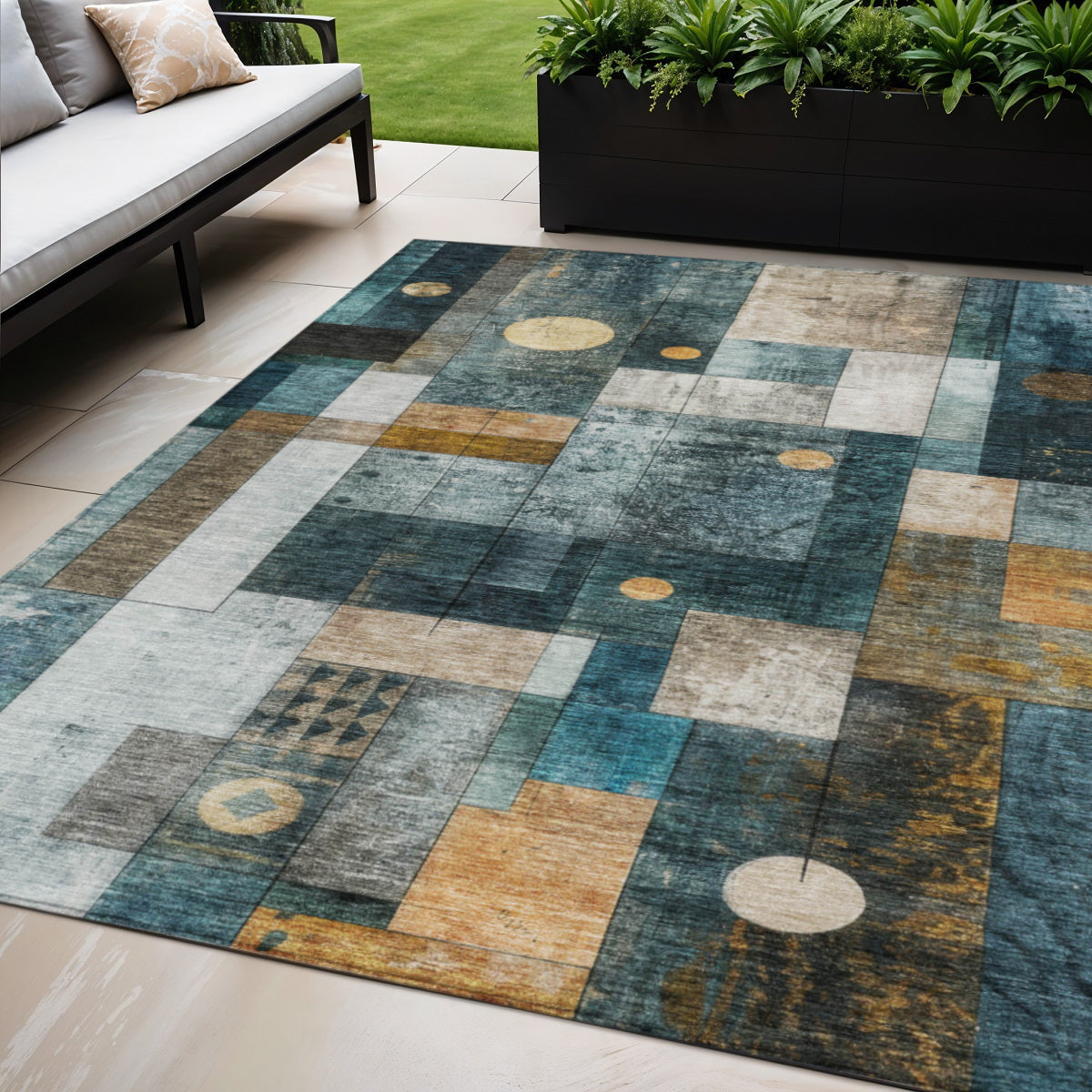 5 X 8 Teal Blue Gray And Gold Geometric Washable Indoor Outdoor Area Rug