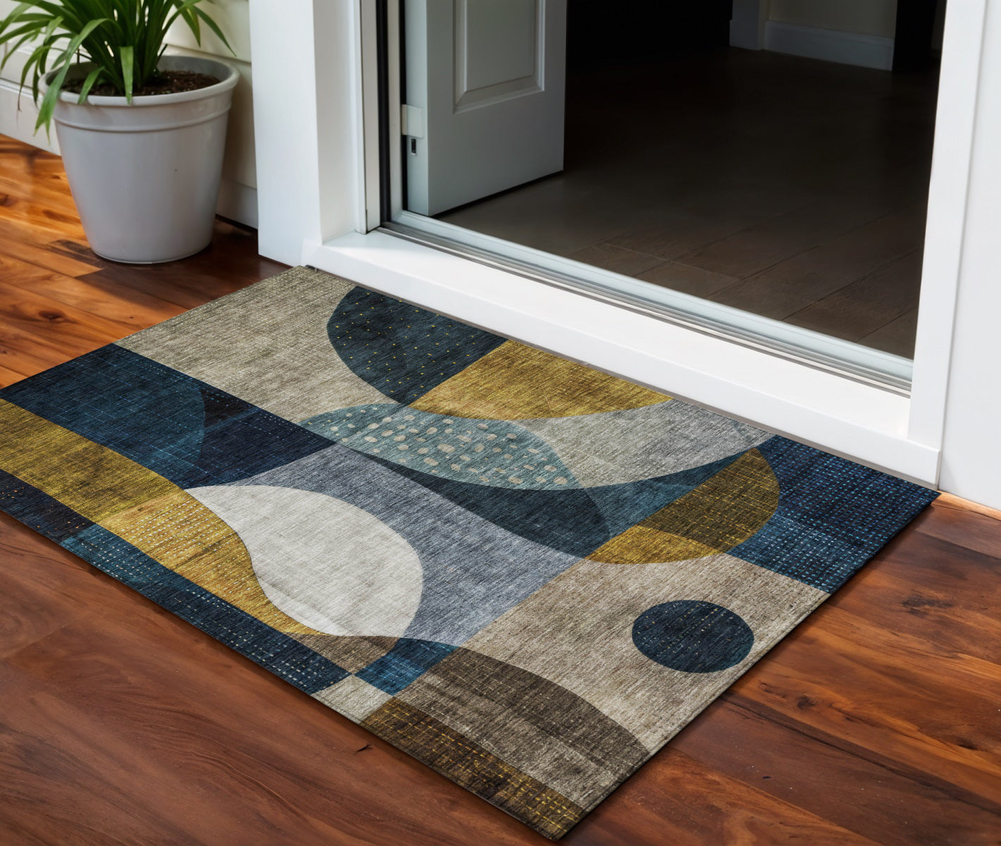 3 X 5 Blue Gold And Gray Abstract Washable Indoor Outdoor Area Rug