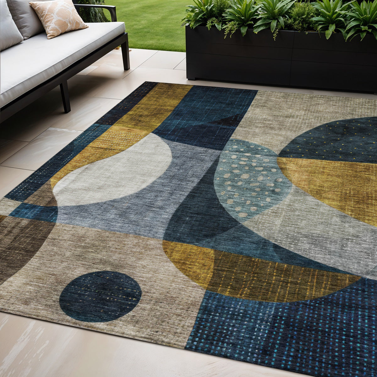 5 X 8 Blue Gold And Gray Abstract Washable Indoor Outdoor Area Rug