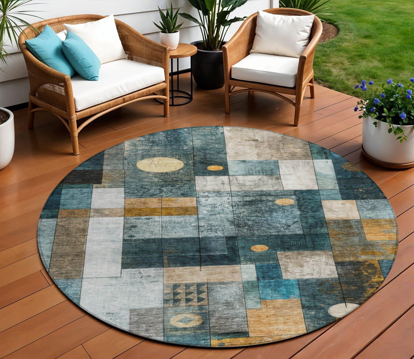 8 Blue Gold And Gray Round Abstract Washable Indoor Outdoor Area Rug