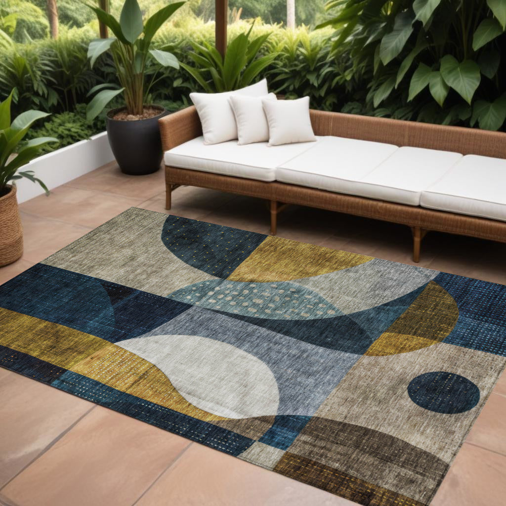 9 X 12 Blue Gold And Gray Abstract Washable Indoor Outdoor Area Rug