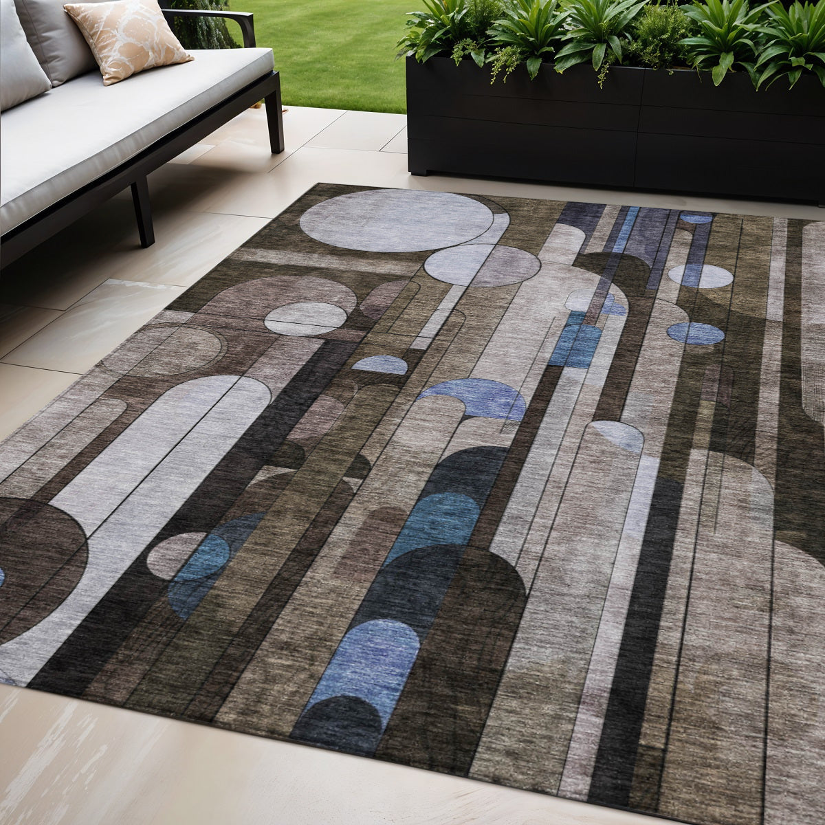 5 X 8 Brown Gray And Blue Geometric Washable Indoor Outdoor Area Rug