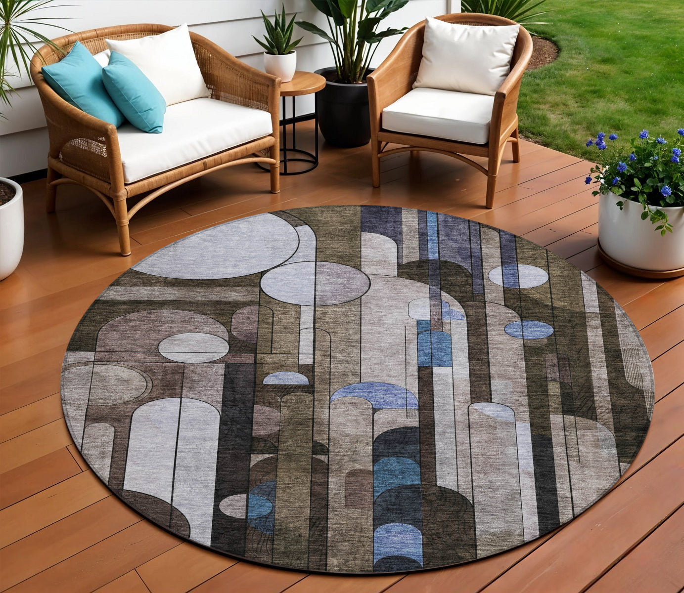 8 Brown Gray And Blue Round Geometric Washable Indoor Outdoor Area Rug