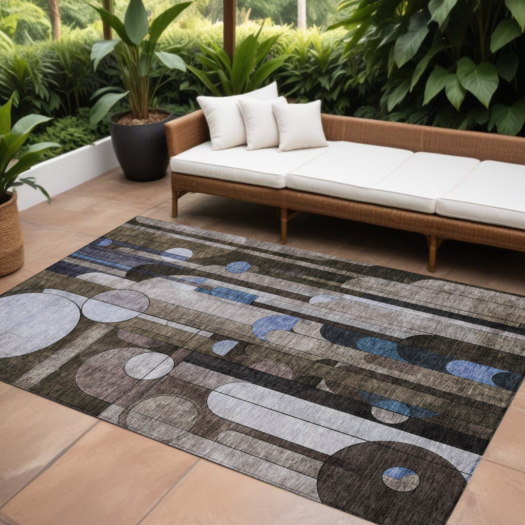 9 X 12 Brown Gray And Blue Geometric Washable Indoor Outdoor Area Rug