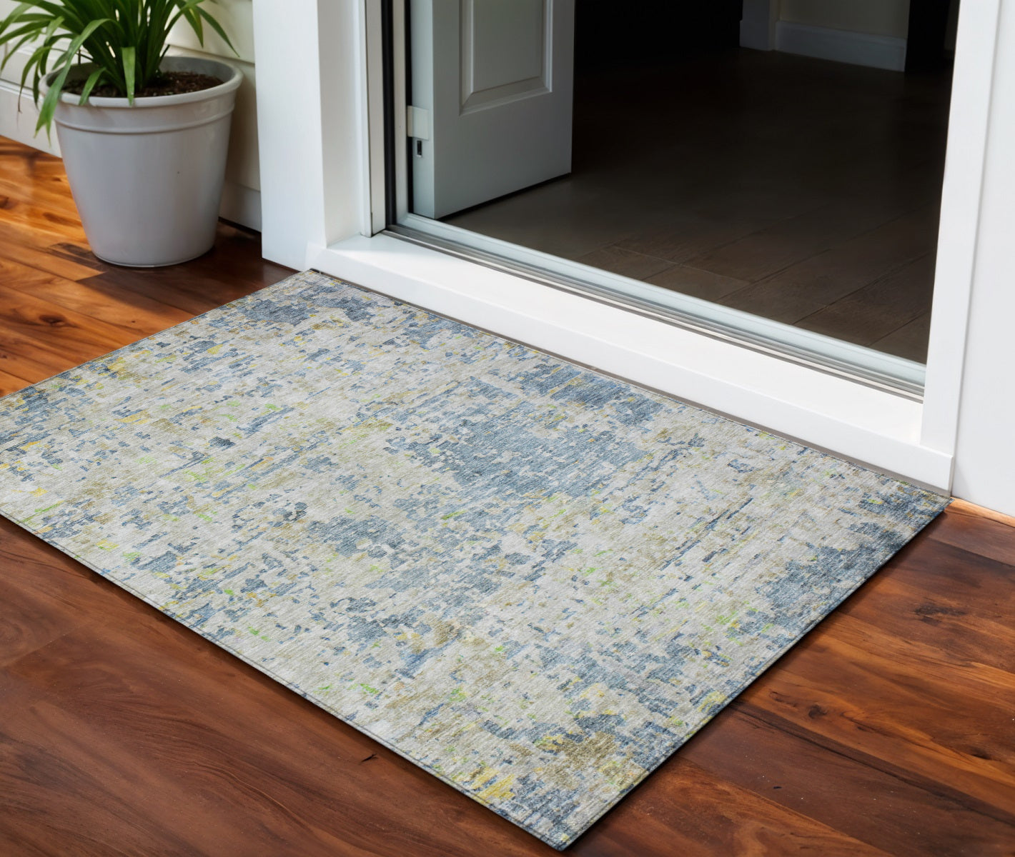 3 X 5 Blue Gray And Green Abstract Washable Indoor Outdoor Area Rug