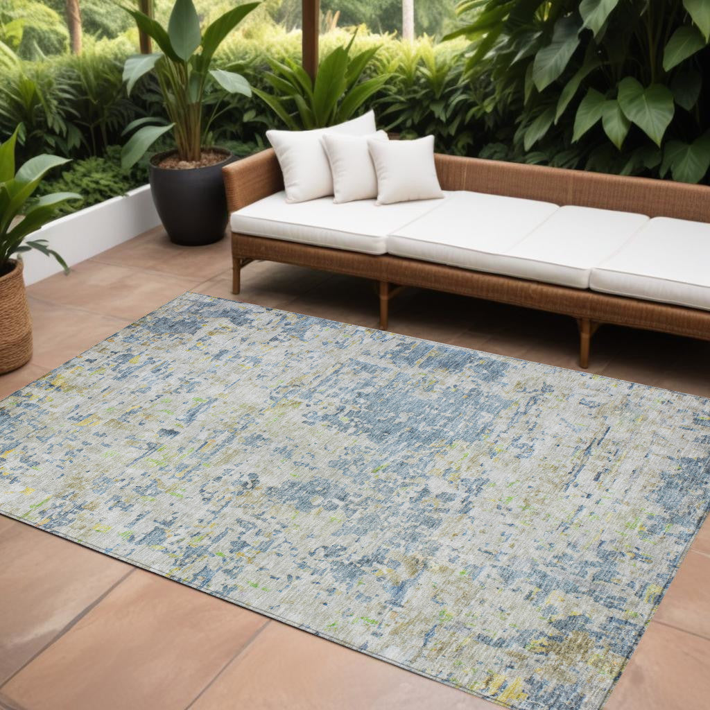 8 X 10 Blue Gray And Green Abstract Washable Indoor Outdoor Area Rug