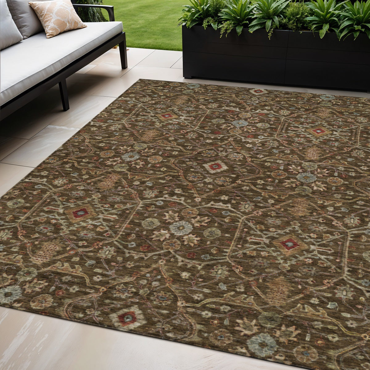 5 X 8 Chocolate Red And Green Floral Washable Indoor Outdoor Area Rug