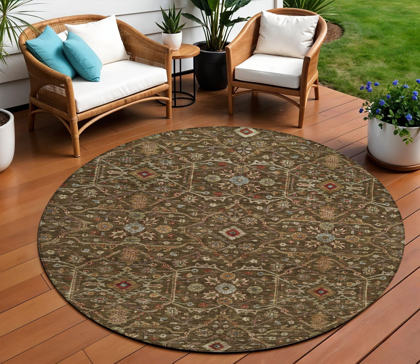 8 Chocolate Red And Green Round Floral Washable Indoor Outdoor Area Rug