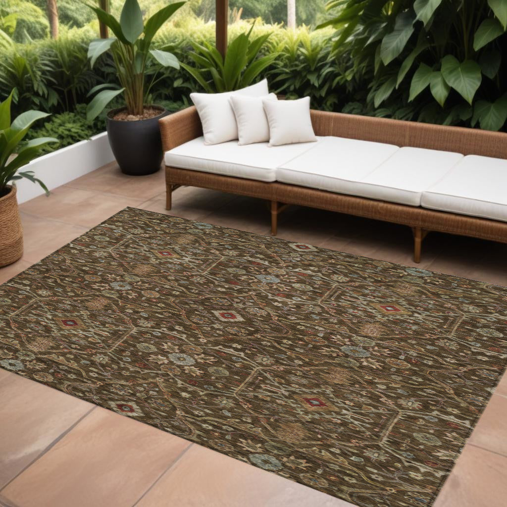 10 X 14 Chocolate Red And Green Floral Washable Indoor Outdoor Area Rug