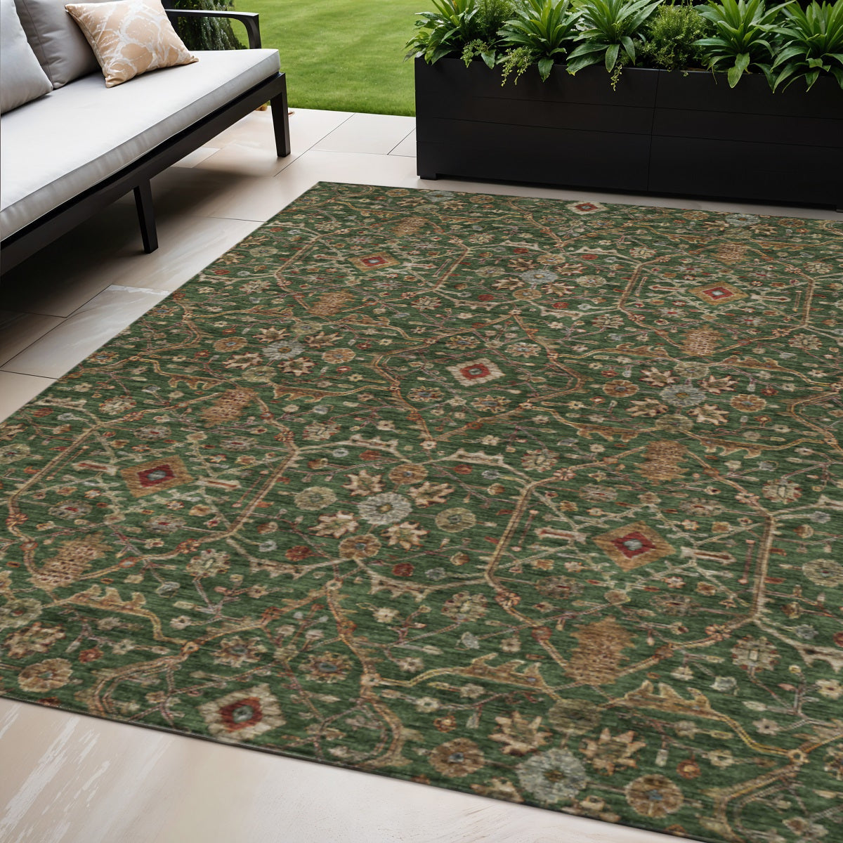 5 X 8 Emerald Brown And Red Floral Washable Indoor Outdoor Area Rug