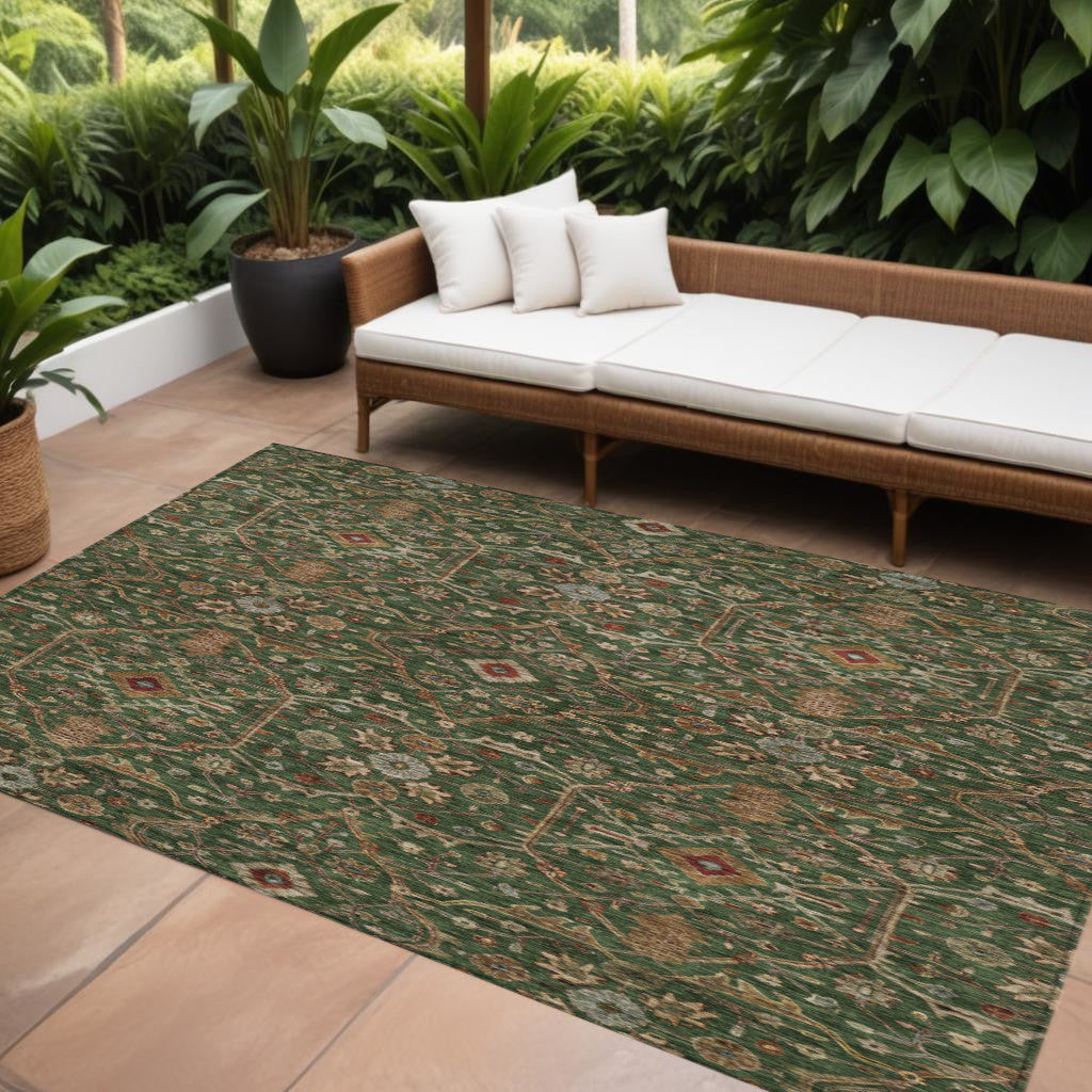 9 X 12 Emerald Brown And Red Floral Washable Indoor Outdoor Area Rug