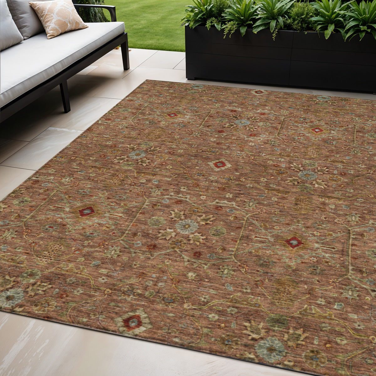 5 X 8 Brown Red And Green Floral Washable Indoor Outdoor Area Rug