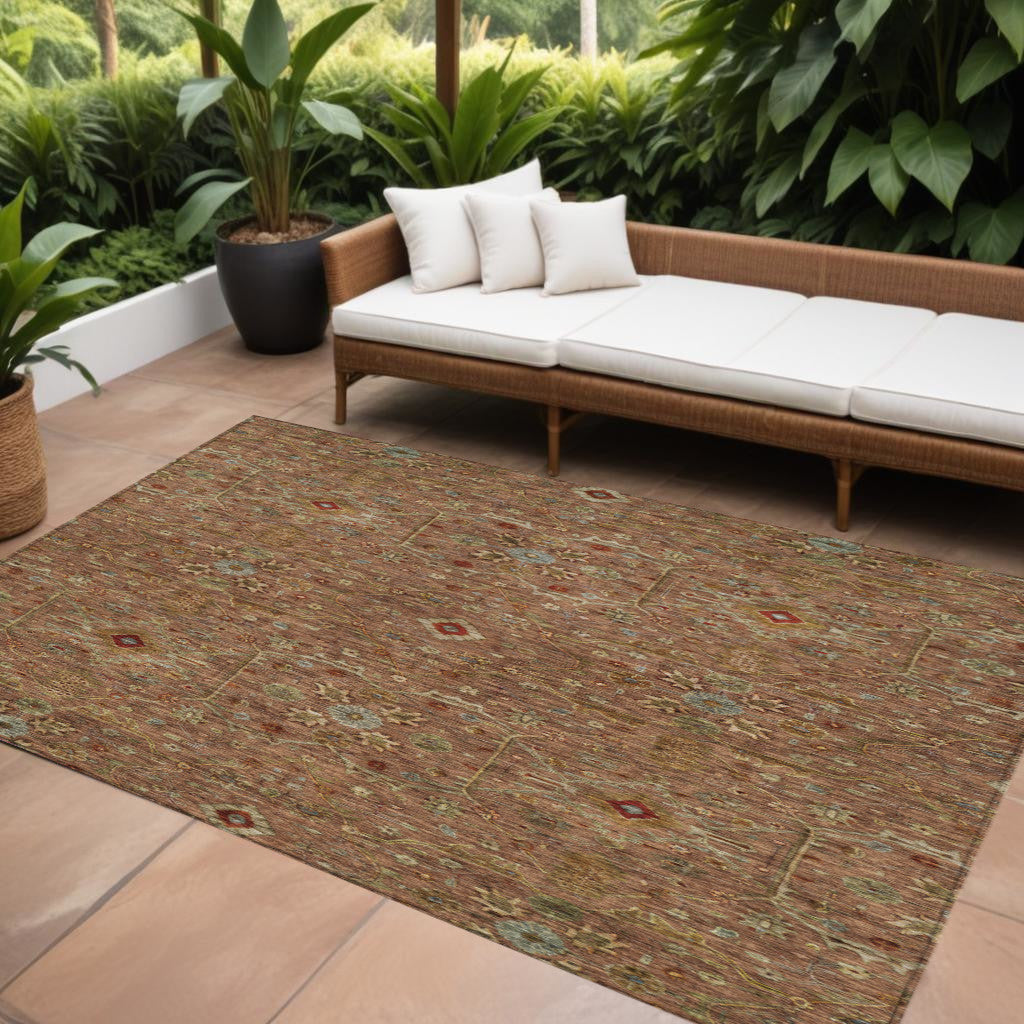 8 X 10 Brown Red And Green Floral Washable Indoor Outdoor Area Rug